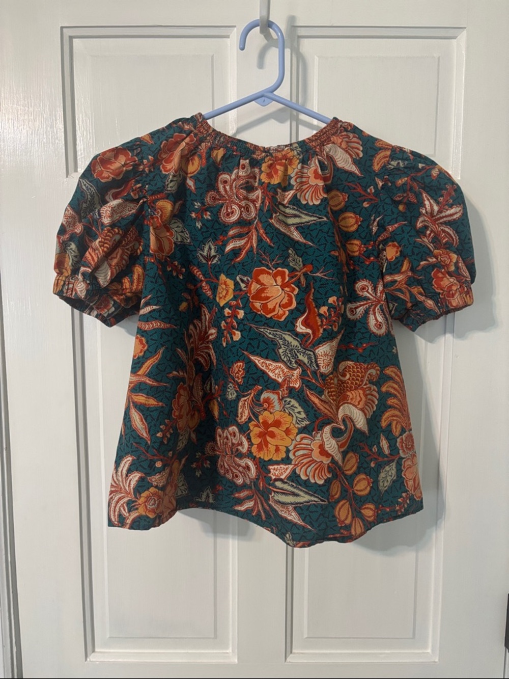 Ulla Johnson Top Puff Sleeve Floral Print 100% Cotton Teal Orange Women’s 10